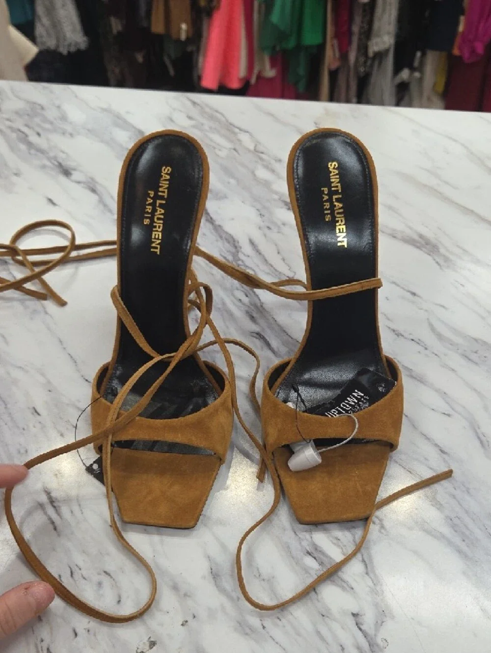Saint Laurent Tan Suede Lace-Up Sandal with Lilac Block Heel - Picture 7 of 9
